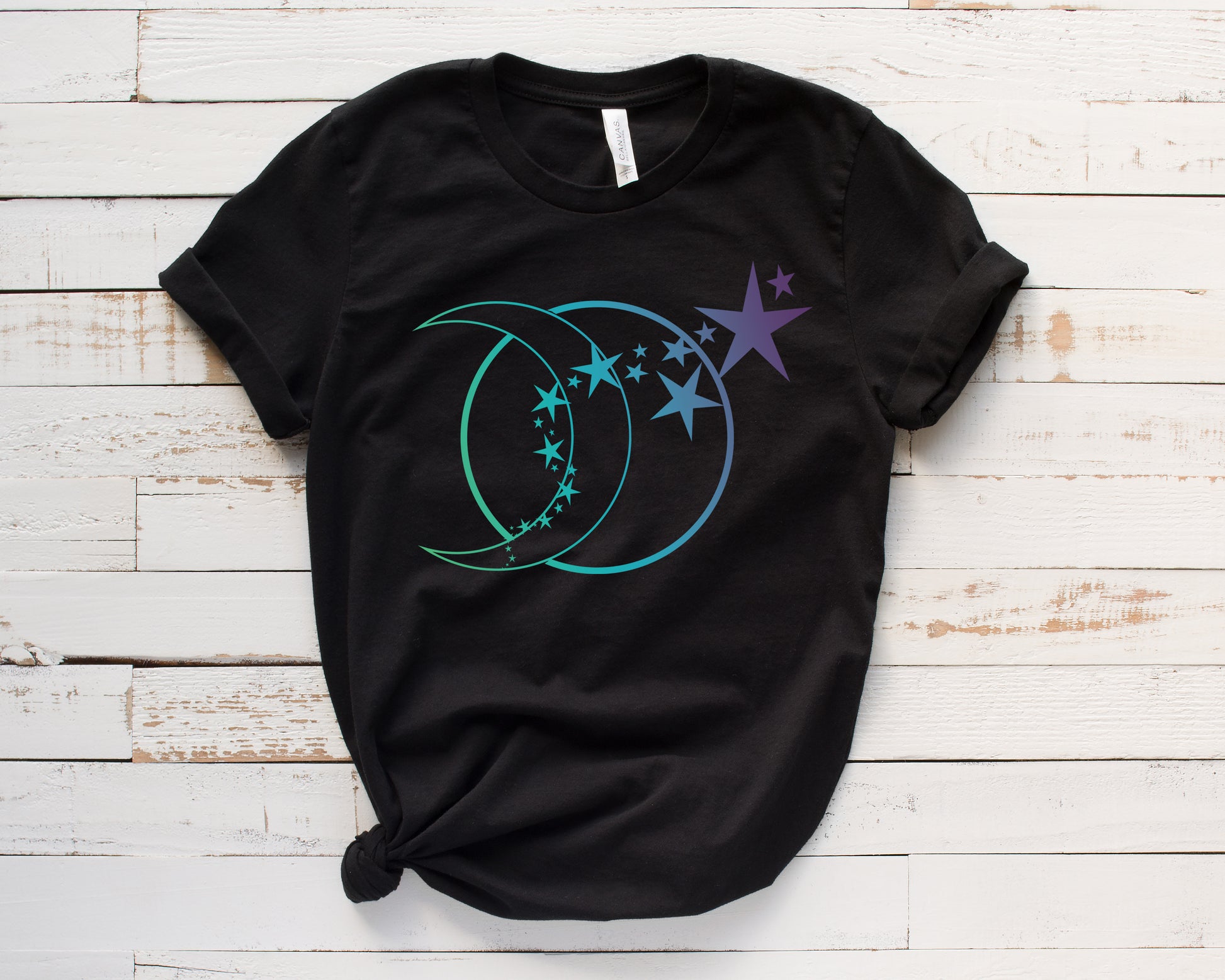 Moon and shooting stars gradient black short sleeve tee shirt