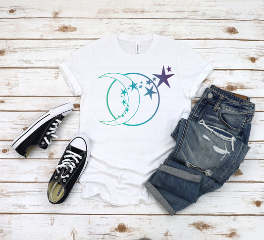 Moon and shooting stars gradient white short sleeve tee shirt